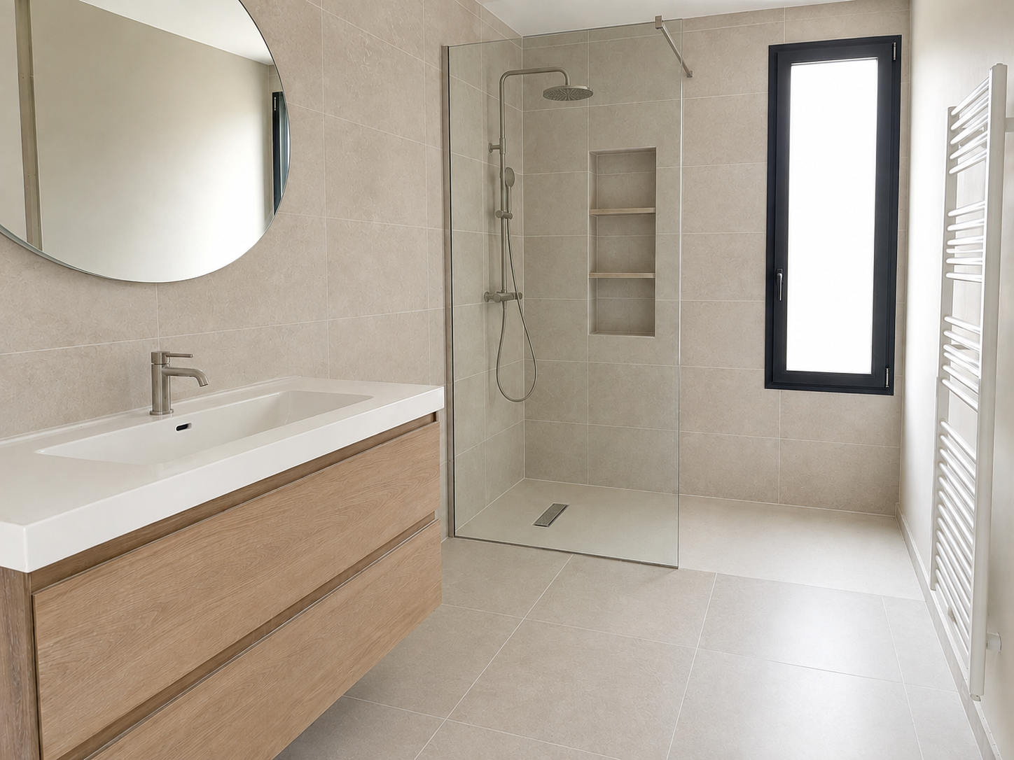 Salle de bain propre après nettoyage de fin de chantier à Castelnau-le-Lez avec vitres et carrelage nettoyés