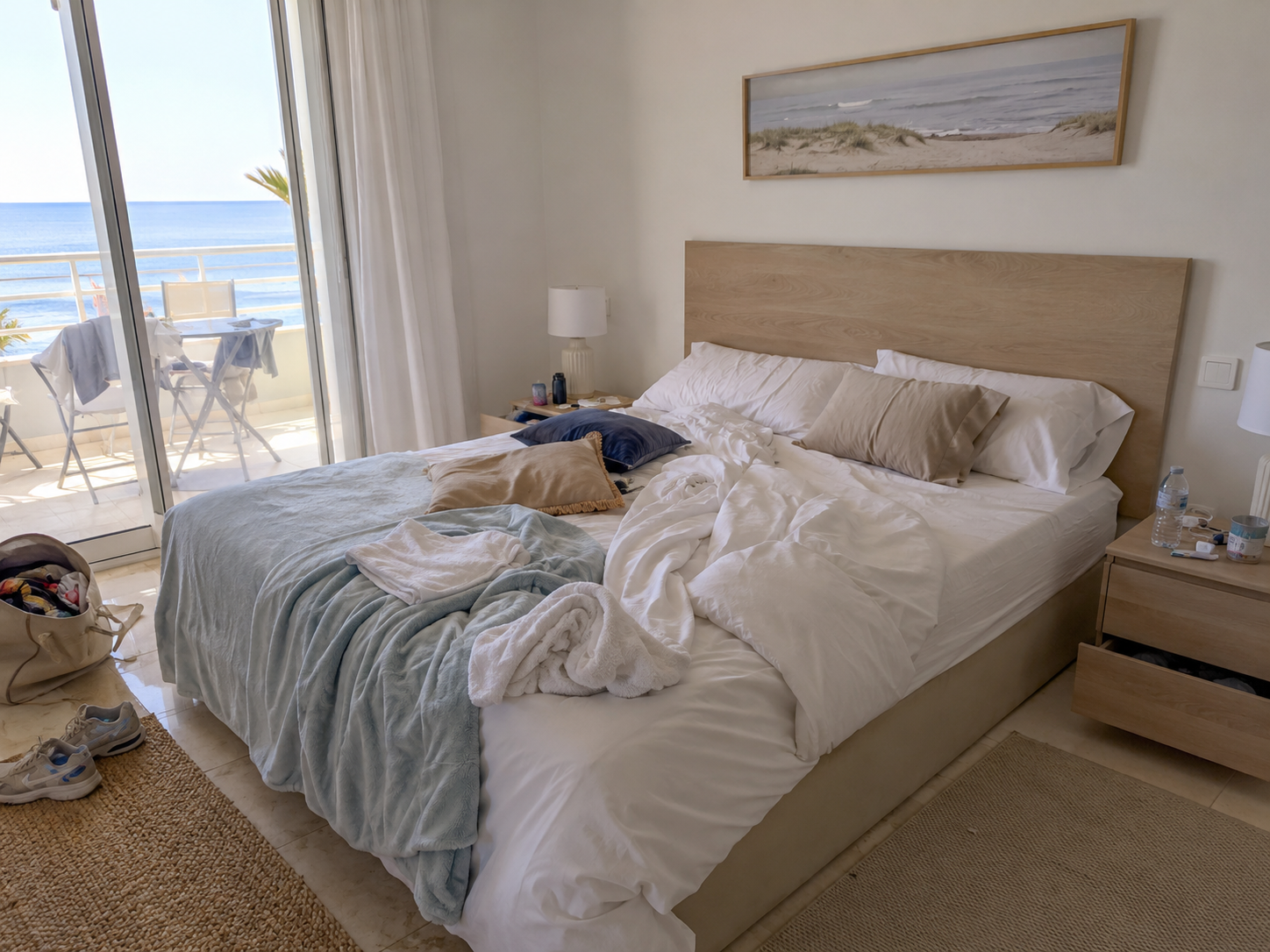 Chambre de location saisonnière avant ménage entre deux voyageurs à Palavas-les-Flots