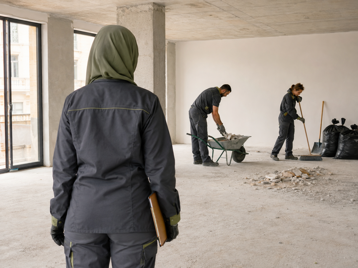 Responsable voilée contrôlant une équipe de nettoyage sur un chantier à Montpellier