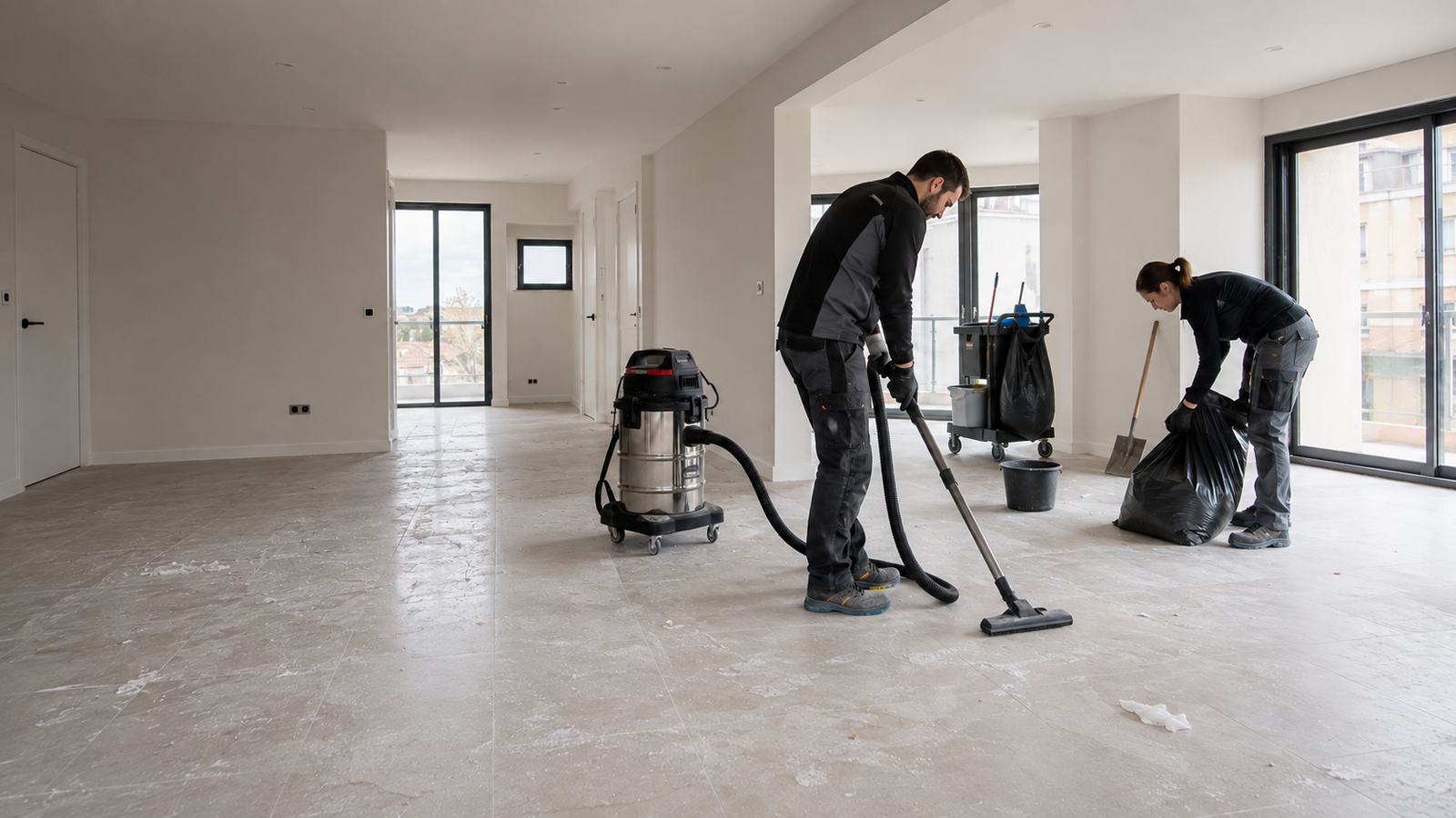 Équipe réalisant le nettoyage de fin de chantier d’un logement neuf carrelé à Montpellier