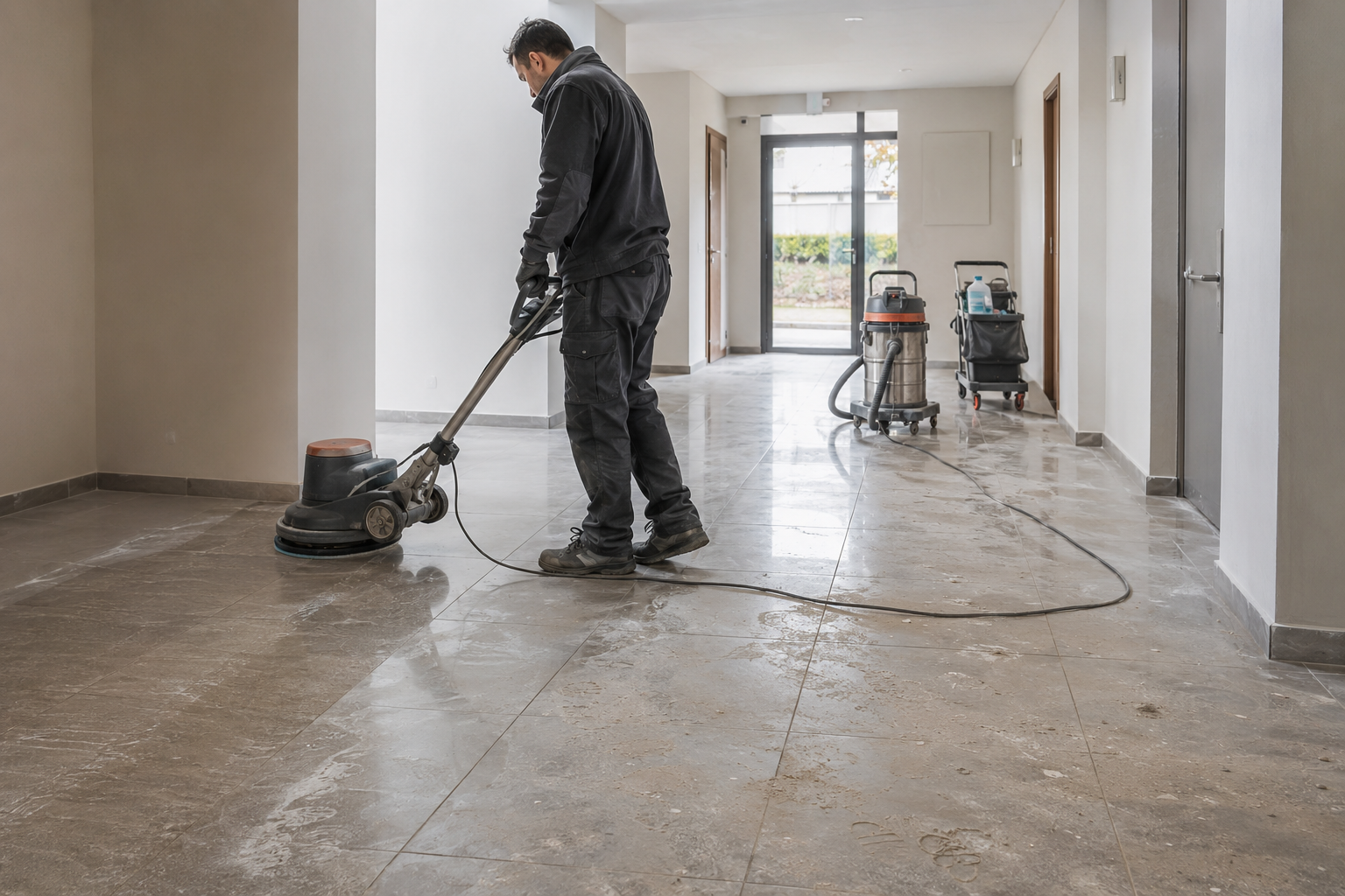 Professionnel utilisant une monobrosse pour nettoyer le carrelage après travaux à Castelnau-le-Lez