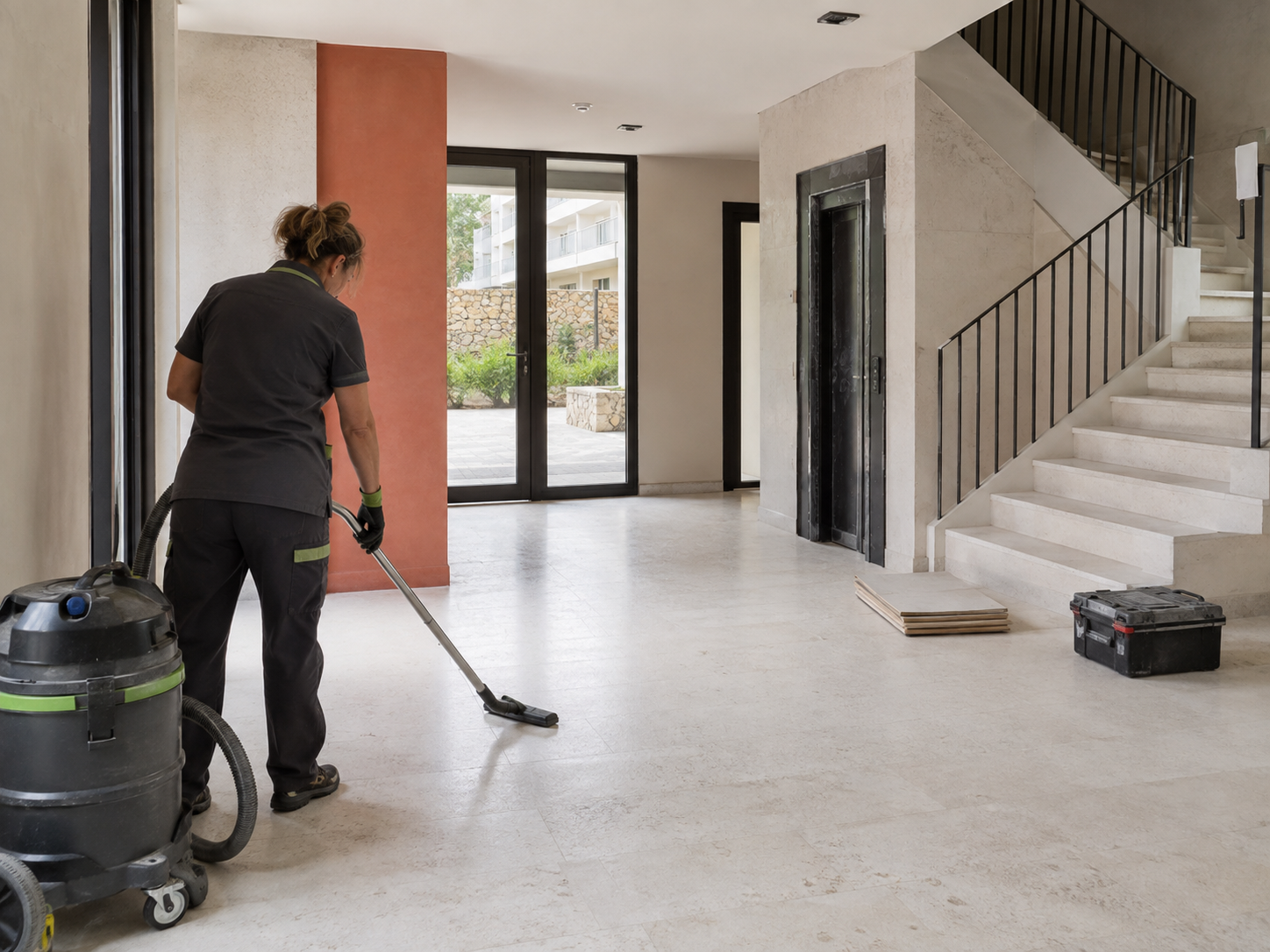 Professionnelle réalisant le nettoyage de fin de chantier dans un immeuble neuf à Montpellier