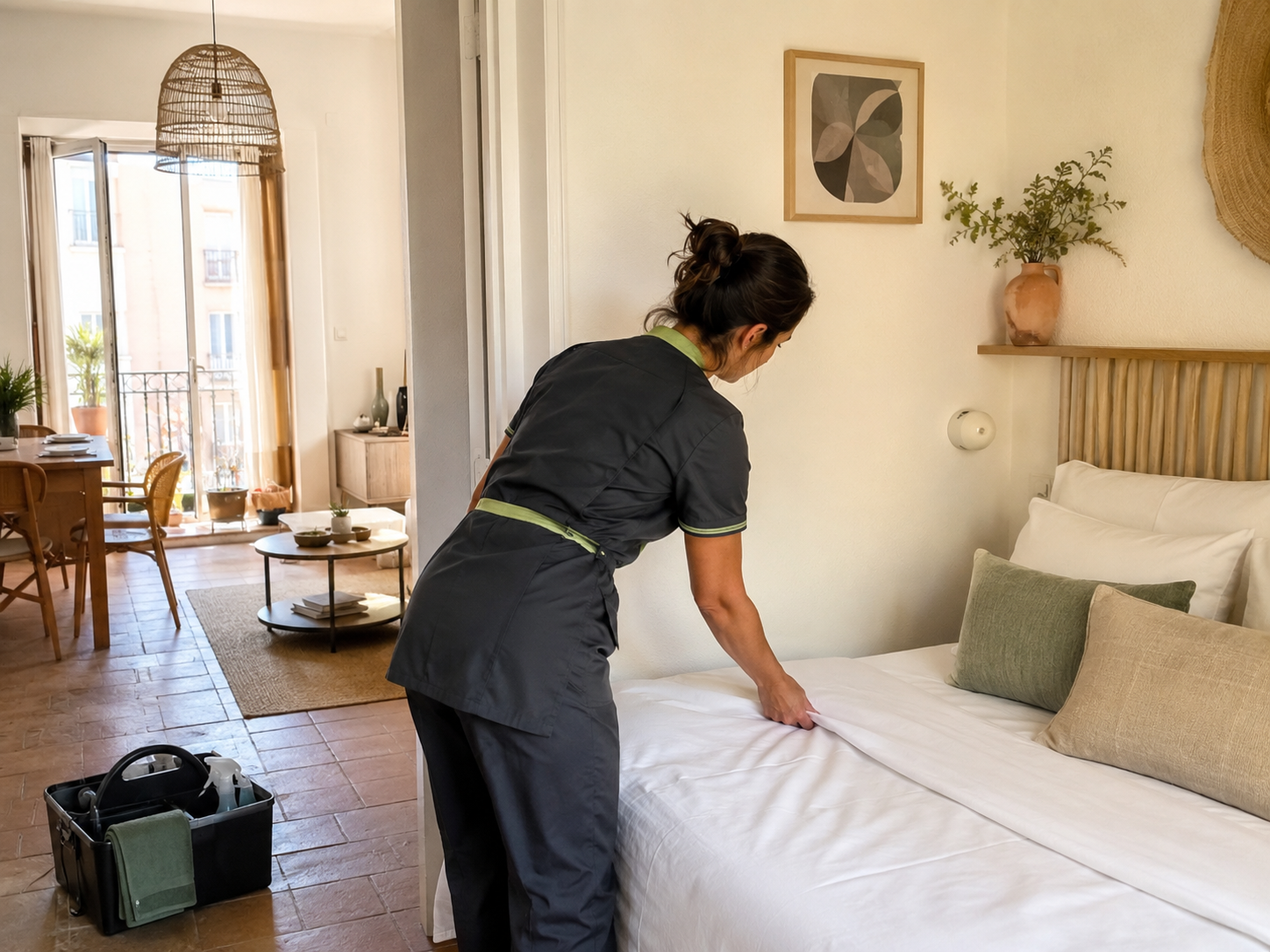 Professionnelle préparant une location saisonnière après le nettoyage à Montpellier