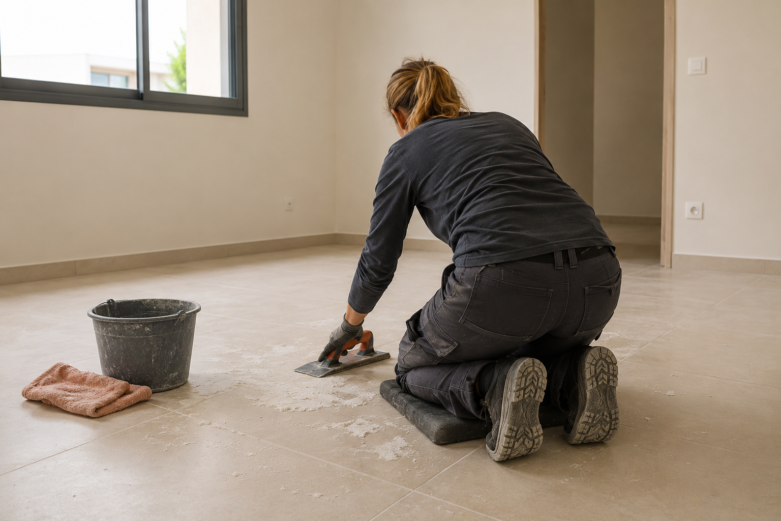 Professionnelle retirant des traces de plâtre sur un carrelage après chantier à Lattes