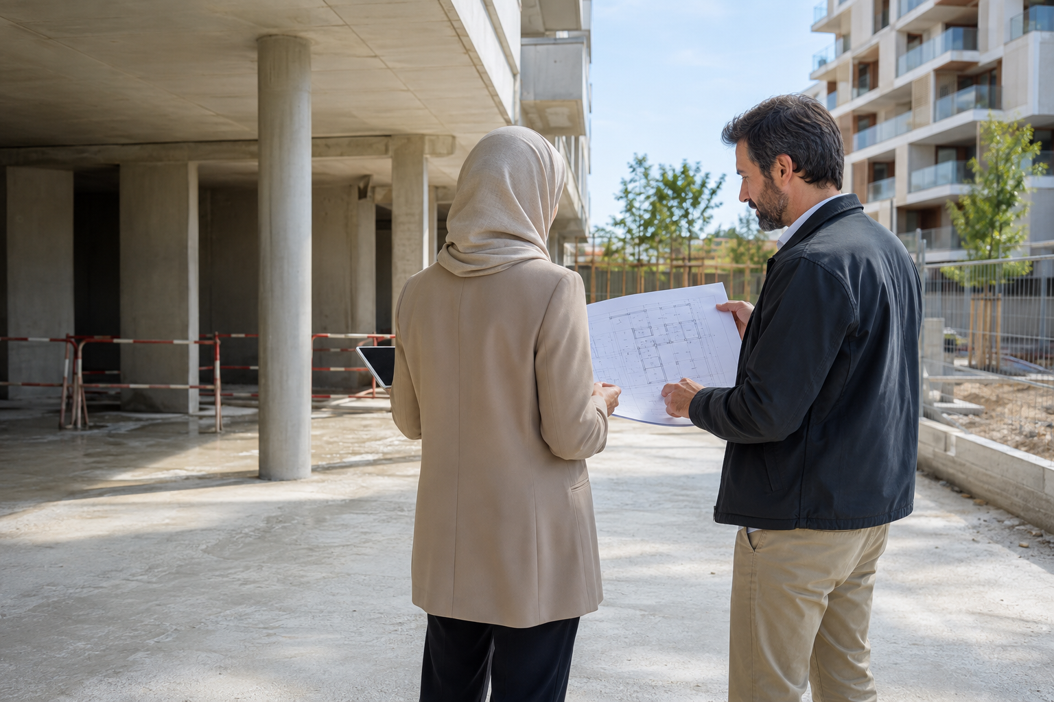 Responsable de Chantier Net Propreté échangeant avec un architecte sur un chantier à Montpellier