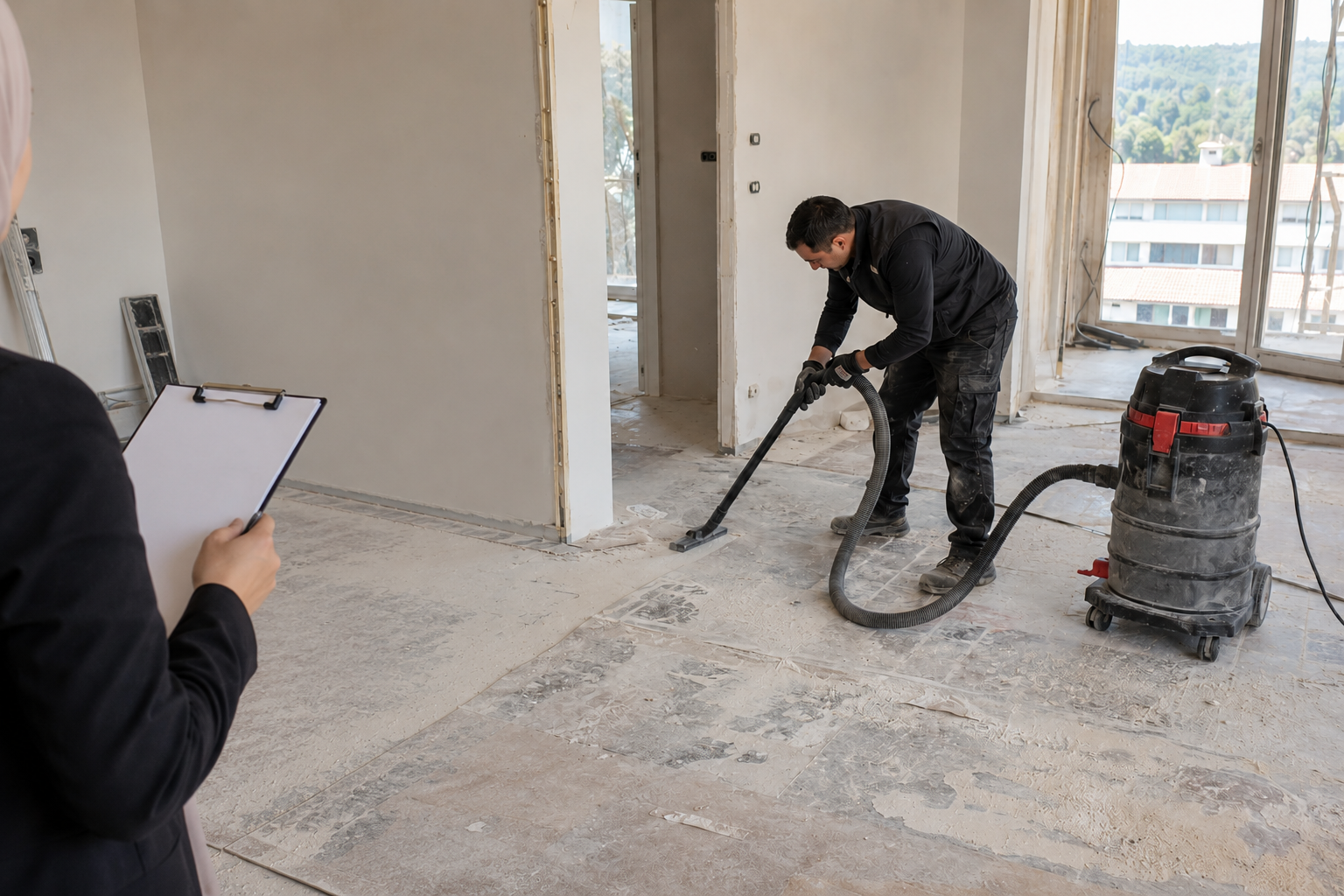 Responsable supervisant un employé avec un aspirateur industriel pendant un nettoyage de fin de chantier à Mauguio